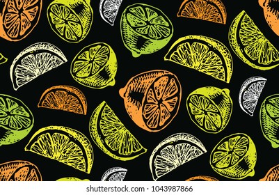Hand drawn doodle citrus pattern. Fruit background