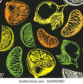 Hand drawn doodle citrus pattern. Fruit background