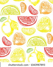 Hand drawn doodle citrus pattern. Fruit background