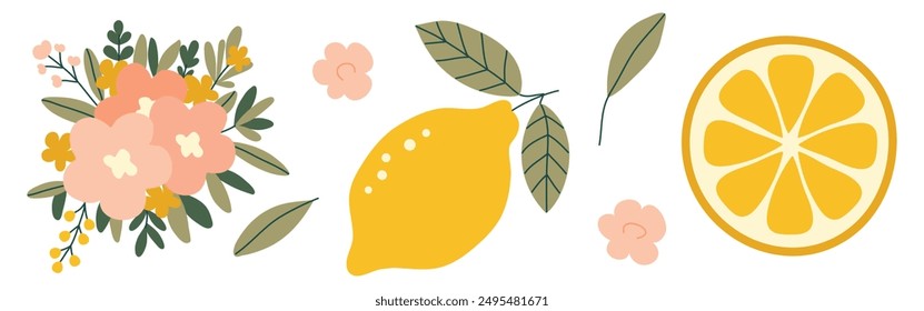 Hand drawn doodle citrus set with lemons, flowers and leaves isolated on white background. Vector illustration