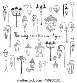 Hand Drawn Doodle City Street Lantern Set. Ink Vector Illustration