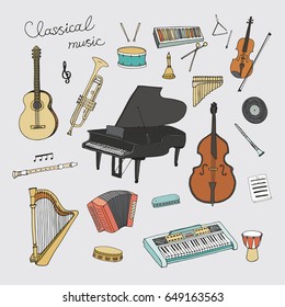 Hand Drawn Doodle Classical Musical Instruments Vector Graphic Set