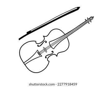 Doodle dibujado a mano de violín clásico y arco. Instrumento musical. Ilustración del vector aislada en blanco