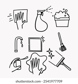 Dibujado a mano Doodle Cleaning Icon colección Relacionado