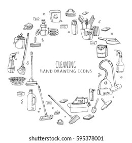 Hand drawn doodle Cleaning service icons set Vector illustration Cleaning symbols, tools, Detergent, iron, mop, dust pan, brushes bleach, duster, washing liquid, vacuum cleaner, doodle icons, sketch