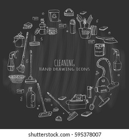 Hand drawn doodle Cleaning service icons set Vector illustration Cleaning symbols, tools, Detergent, iron, mop, dust pan, brushes bleach, duster, washing liquid, vacuum cleaner, doodle icons, sketch