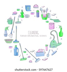 Hand drawn doodle Cleaning service icons set Vector illustration Cleaning symbols, tools, Detergent, iron, mop, dust pan, brushes bleach, duster, washing liquid, vacuum cleaner, doodle icons, sketch