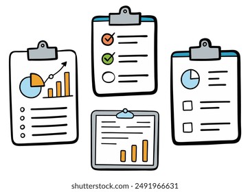 Hand drawn doodle clipboard with checklist, graphs, diagrams. Cartoon style vector illustration.