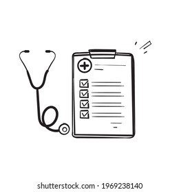 Hand Drawn Doodle Clipboard And Stethoscope Symbol For Medical Check Up Illustration Vector Isolated