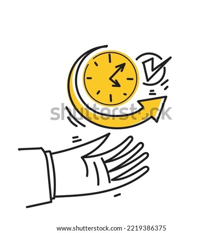 hand drawn doodle clock and circular arrow illustration vector