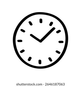 Een handgetekende doodle van een klok wordt gepresenteerd. De vectorafbeelding toont de tijd met dikke zwarte lijnen voor de omtrek en wijzers