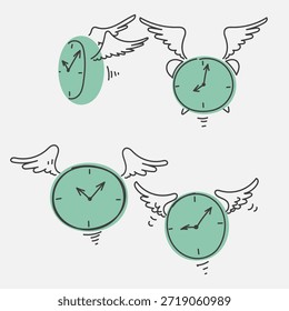 relógio de doodle desenhado à mão com asas voando coleção