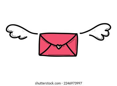 Doodle dibujado a mano de sobre cerrado con ilustración vectorial de alas. El concepto de mensajería de amor por correo electrónico para el día de San Valentín.