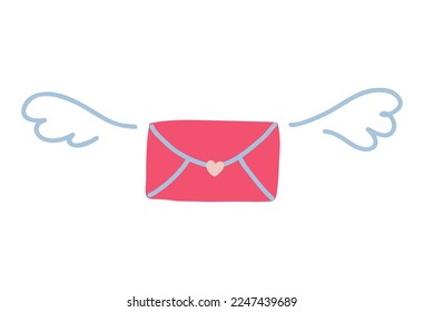 Doodle dibujado a mano de sobre cerrado con ilustración vectorial de alas. El concepto de mensajería de amor por correo electrónico para el día de San Valentín.