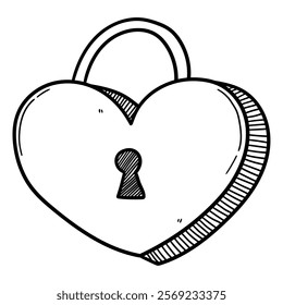 Hand drawn doodle closed heart padlock isolated on white background. Vector illustration.