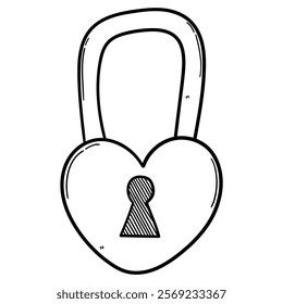 Hand drawn doodle closed padlock heart isolated on white background. Vector illustration.