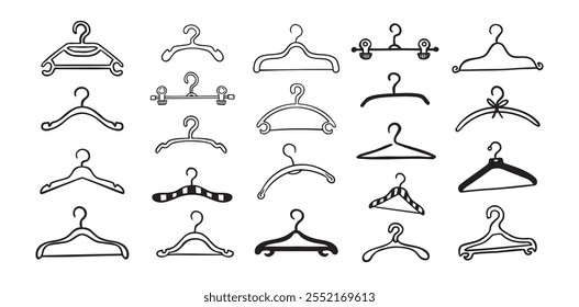 Hand drawn doodle clothes hangers set. Vector fashion hanger icon collection. Vector illustration