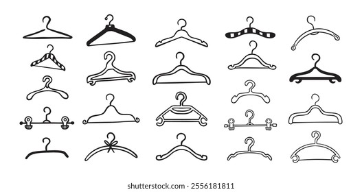 Hand drawn doodle clothes hangers set. Vector fashion hanger icon collection. Vector illustration