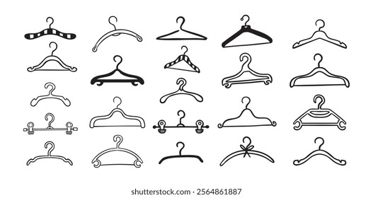 Hand drawn doodle clothes hangers set. Vector fashion hanger icon collection. Vector illustration