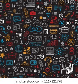 Hand drawn Doodle Cloud Computing Technology and Social Media Icons Vector Seamless pattern. Internet of Things Background. 