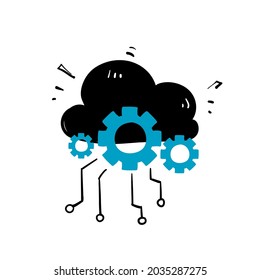 hand drawn doodle cloud gear circuit illustration vector isolated