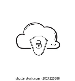 hand drawn doodle cloud and padlock symbol for cyber protection and security icon illustration vector