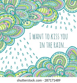 Hand drawn doodle clouds with rain for greeting cards, textiles, book design, scrapbook. Cute vector illustration with a place for your text.