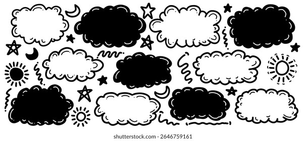 Hand drawn doodle clouds and weather elements set vector illustration