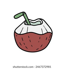Hand drawn doodle cocktail in coconut isolated on white background. Vector illustration.