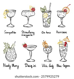 Hand drawn doodle cocktails. Alcoholic drinks in glasses collection.