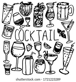 Hand drawn doodle cocktails elements, isolated on white background. Sketch perfect for party projects. Outlined vector illustration.