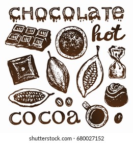 Hand drawn doodle cocoa and chocolate. Cacao.