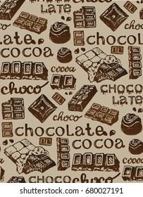 Hand drawn doodle cocoa and chocolate. Pattern with chocolate.