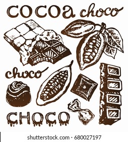 Hand drawn doodle cocoa and chocolate. Cacao.