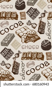 Hand drawn doodle cocoa and chocolate. Pattern with chocolate.
