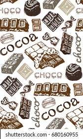 Hand drawn doodle cocoa and chocolate. Pattern with chocolate.