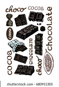 Hand drawn doodle cocoa and chocolate. Cacao.