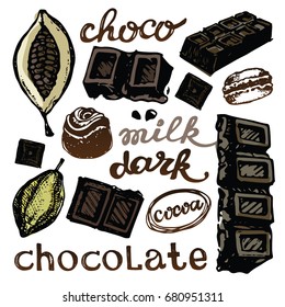 Hand drawn doodle cocoa and chocolate. Cacao.