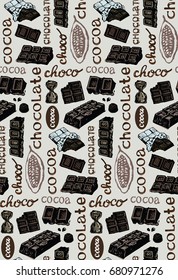 Hand drawn doodle cocoa and chocolate. Pattern with chocolate.