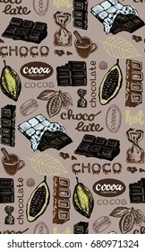 Hand drawn doodle cocoa and chocolate. Pattern with chocolate.
