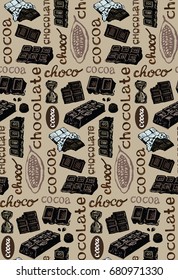 Hand drawn doodle cocoa and chocolate. Pattern with chocolate.