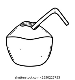 Hand drawn doodle coconut cocktail with straw isolated on white background. Vector illustration.
