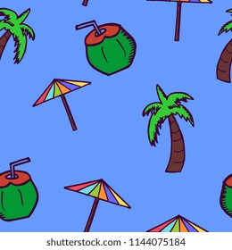 Hand drawn doodle coconut, umbrella, and tree seamless pattern. Summer background wrapping and textile print.