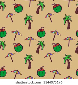 Hand drawn doodle coconut, umbrella, and tree seamless pattern. Summer background wrapping and textile print.