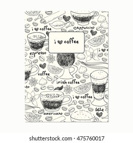 Hand drawn doodle coffee background. Coffee cups, beans, spices, vanilla, cinnamon, clove, star anise.