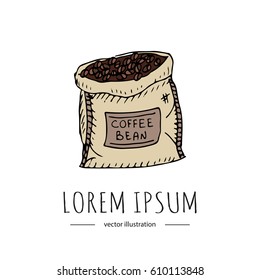 Hand drawn doodle Coffee beans bag icon Cartoon style Colorful Beverage making product Vector illustration doodle isolated on white background for cafe, coffee restaurant, menu, house appliance shops