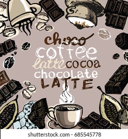 Hand drawn doodle coffee and chocolate.