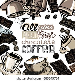 Hand drawn doodle coffee and chocolate.