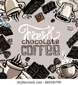 Hand drawn doodle coffee and chocolate.