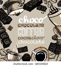 Hand drawn doodle coffee and chocolate.